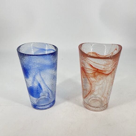 Set Of 2 Unusual HEAVY Hand Made SWIRL Glass TUMBLERS Asymetrical Blown - Picture 1 of 6